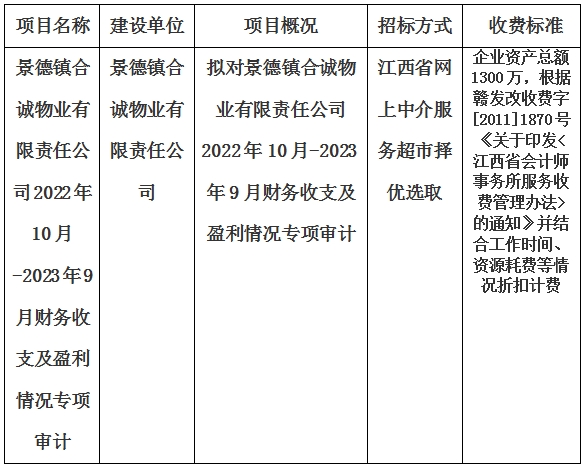 景德鎮(zhèn)合誠物業(yè)有限責(zé)任公司2022年10月-2023年9月財務(wù)收支及盈利情況專項(xiàng)審計的計劃公告