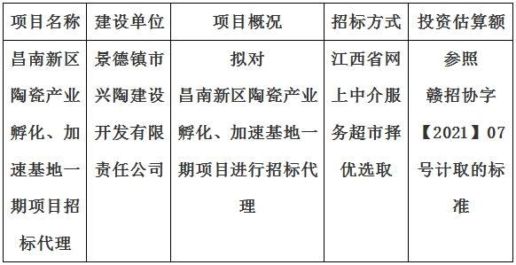 昌南新區(qū)陶瓷產(chǎn)業(yè)孵化、加速基地一期項目招標(biāo)代理計劃公告