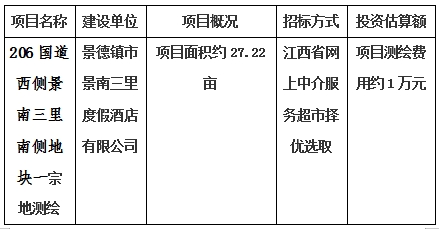景德鎮(zhèn)市206國道西側景南三里南側地塊一、206國道西側景南三里南側地塊二、206國道西側景南三里南側地塊三、光明大道南側景興大道西側地塊、新村北路北側原財政局地塊、洪源鎮(zhèn)政府北側規(guī)劃路西側地塊宗地測繪項目計劃公告