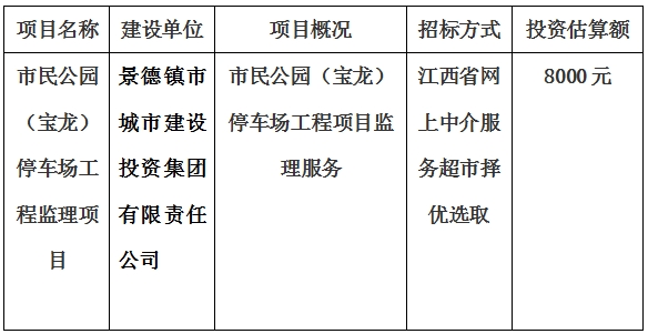 市民公園（寶龍）停車(chē)場(chǎng)工程監(jiān)理項(xiàng)目計(jì)劃公告